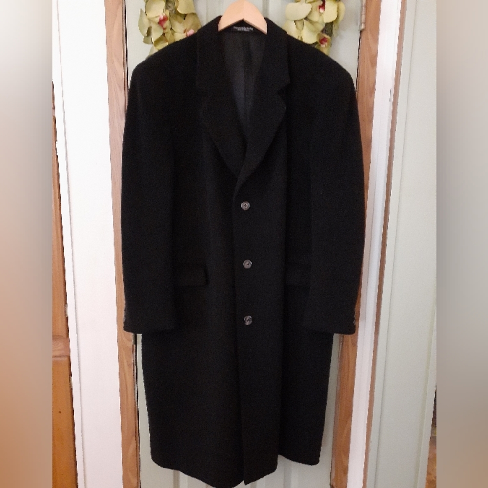 Vintage Heavy Wool Cashmere Black Mid Length Trench Overcoat Bulgaria Italy XXL